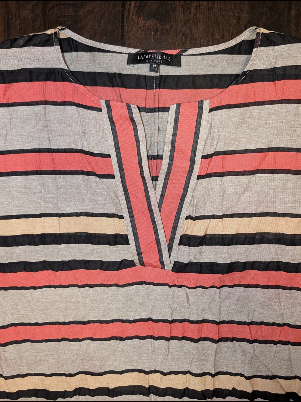 Lafayette 148 New York Women's M Coral Black Cream Stripe Blouse Light Summer
